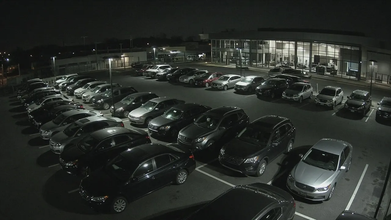Auto dealership security camera monitoring with live video monitoring of vehicle inventory on a retail lot