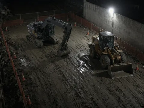 Construction site video monitoring of staged equipment after hours for remote security camera monitoring