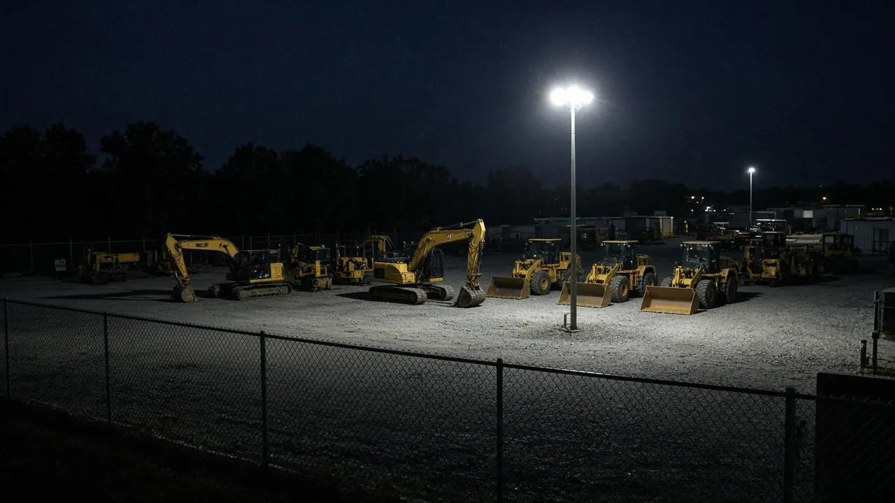 Equipment yard video monitoring with live security camera coverage of staged machinery and perimeter gates