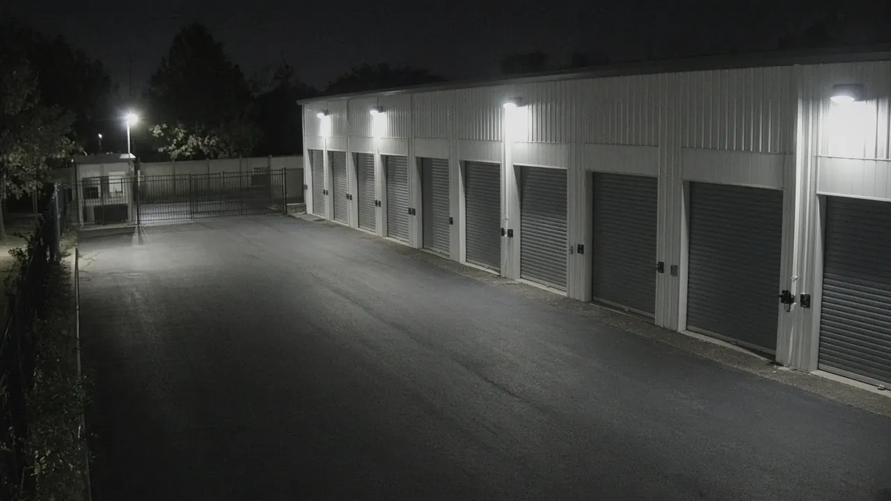 Storage facility video monitoring with live security camera coverage of unit rows after hours