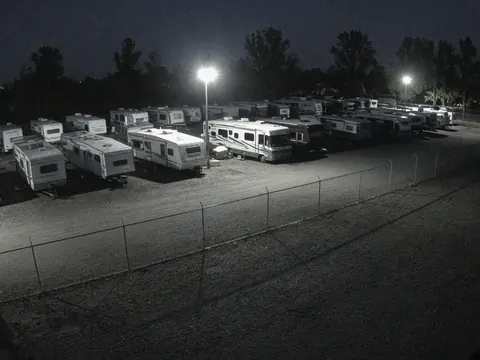 Live video monitoring of vehicle and RV storage areas for storage facility security camera monitoring