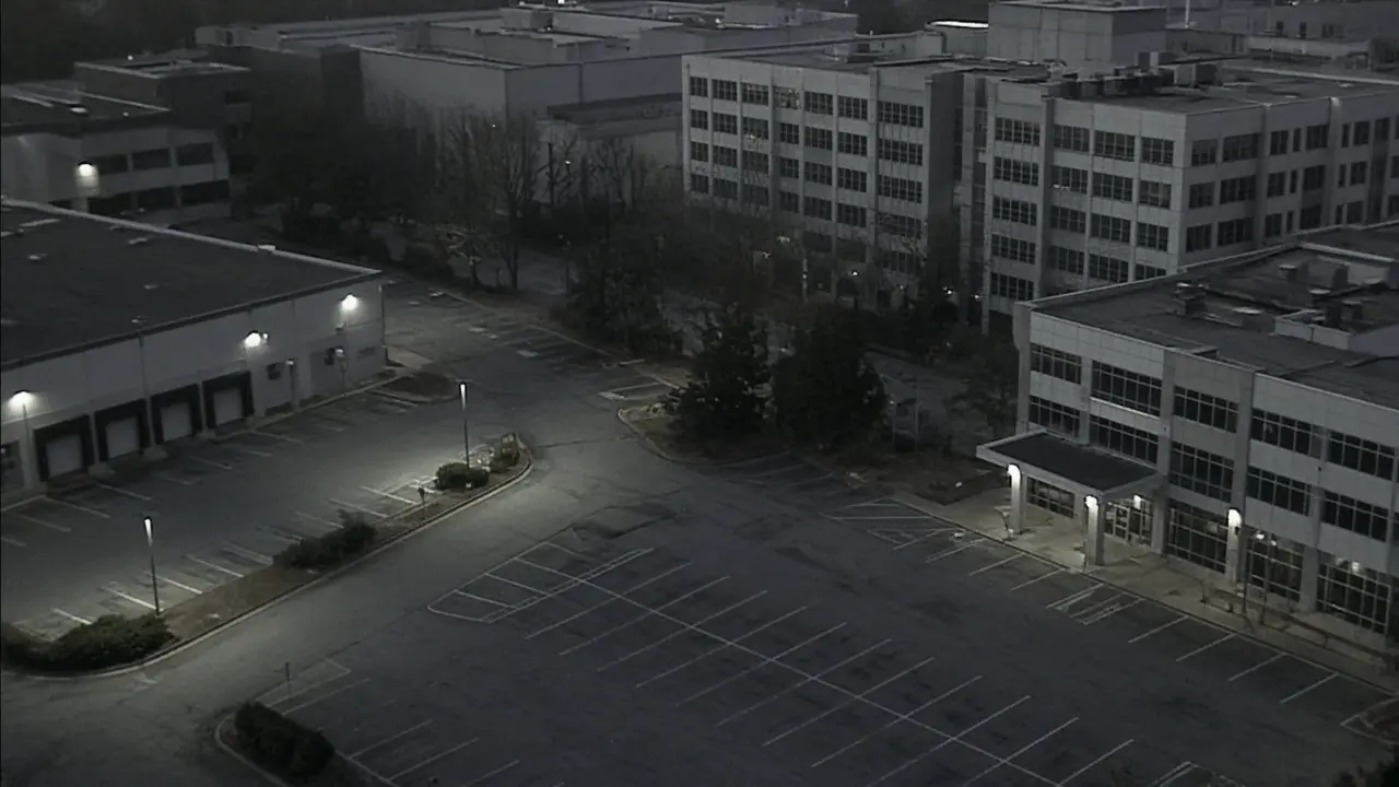 Remote video monitoring CCTV view of an Atlanta Georgia commercial property at night for live security camera monitoring