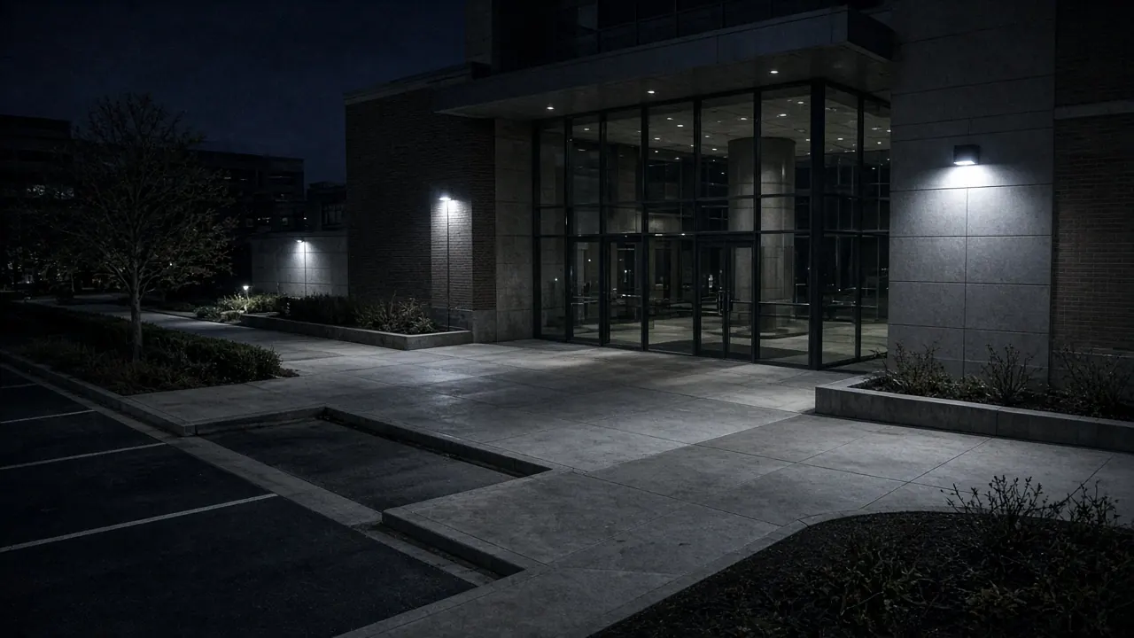 Remote video monitoring CCTV view of a California commercial property at night for live security camera monitoring