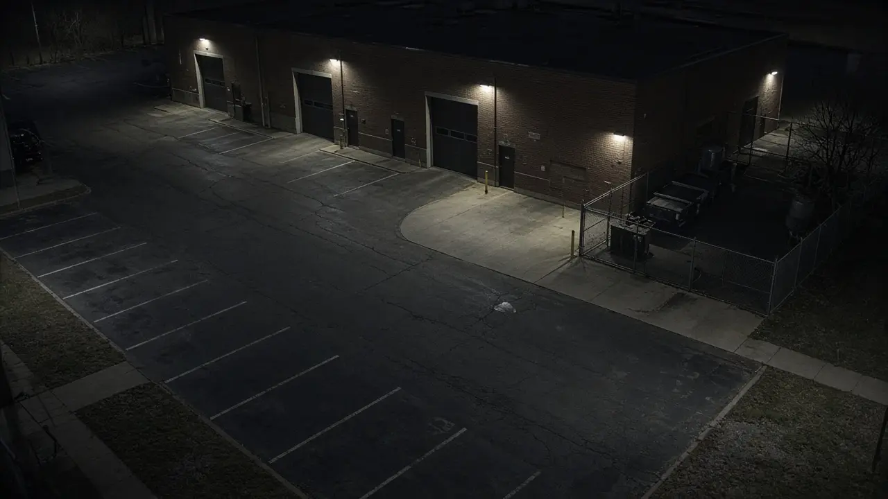 Remote video monitoring CCTV view of a Columbus Ohio commercial property at night for live security camera monitoring