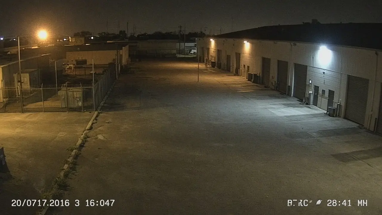 Remote video monitoring CCTV view of a Jacksonville Florida commercial property at night for live security camera monitoring