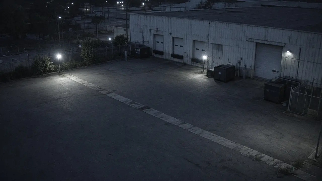 24/7 live video monitoring CCTV view of a commercial property at night for live security camera monitoring