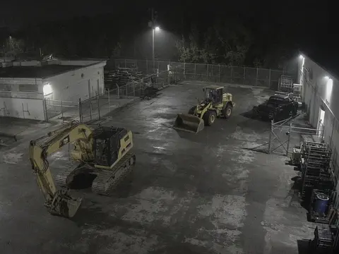 Live security camera monitoring of an after-hours equipment yard for 24/7 live video monitoring