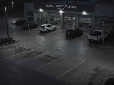 Live security camera monitoring of an after-hours dealership vehicle row for remote video monitoring