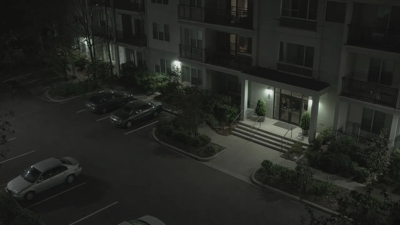 Apartment property security monitoring CCTV view of a multi-family courtyard after hours for remote video monitoring and live security camera monitoring
