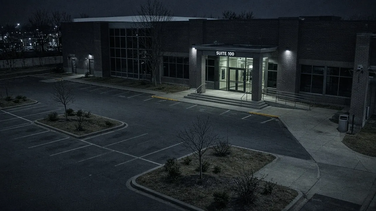 Business security camera monitoring CCTV view of a commercial building entrance at night for remote video monitoring and live security camera monitoring