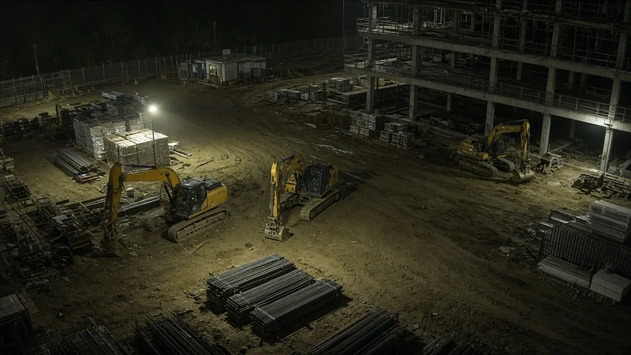 Construction camera monitoring CCTV view of an after-hours job site for remote video monitoring and live security camera monitoring