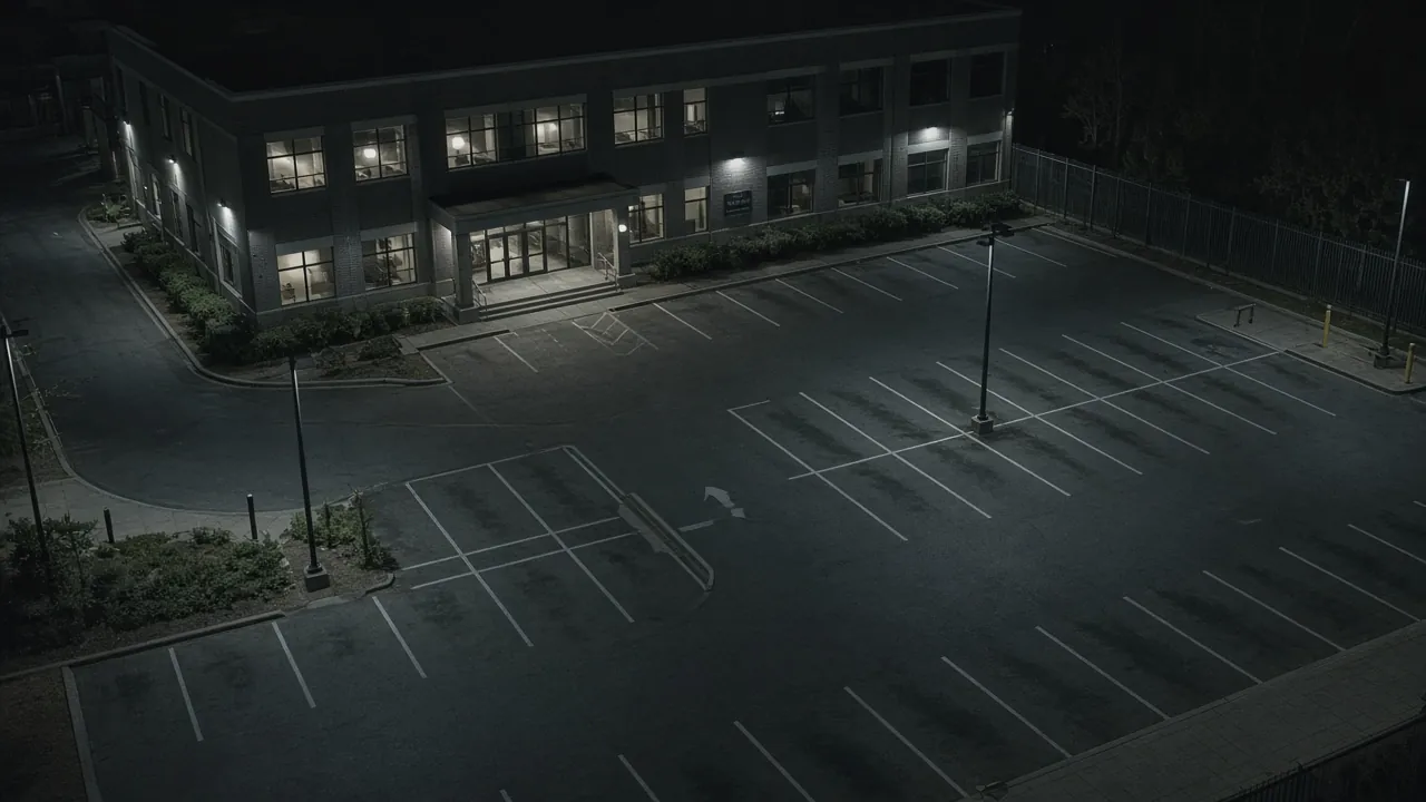 Commercial property security monitoring CCTV view of an office building exterior at night for remote video monitoring and live security camera monitoring