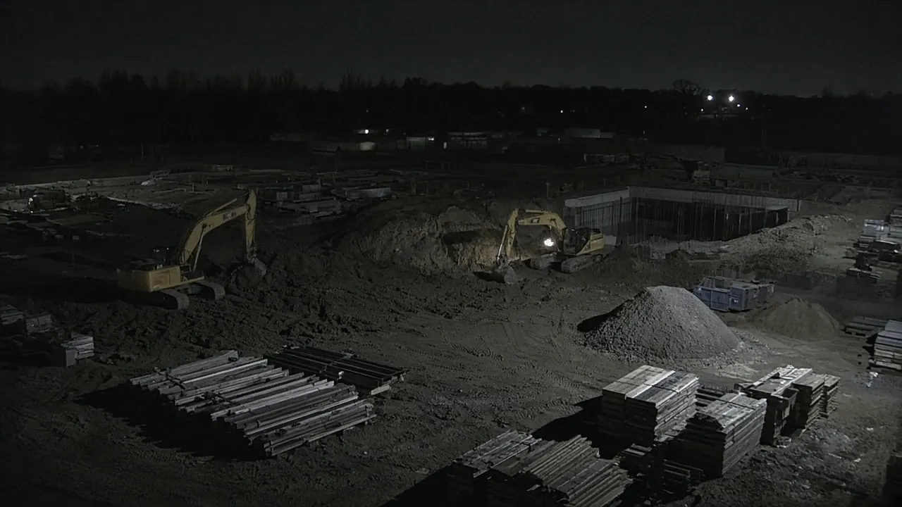 Construction site security monitoring CCTV view of an after-hours job site for remote video monitoring and live security camera monitoring