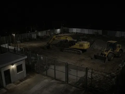 Live security camera monitoring of a quiet construction site entrance for remote video monitoring