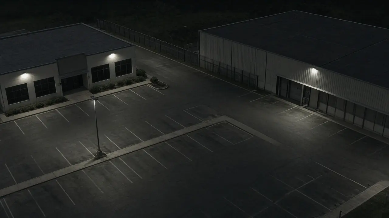 Commercial video monitoring CCTV view of a business property at night for live security camera monitoring