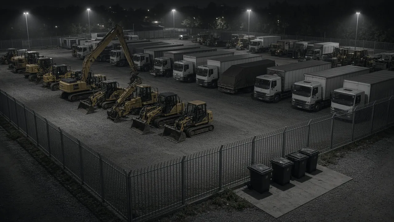 Equipment yard security monitoring CCTV view of heavy machinery storage at night for remote video monitoring and live security camera monitoring