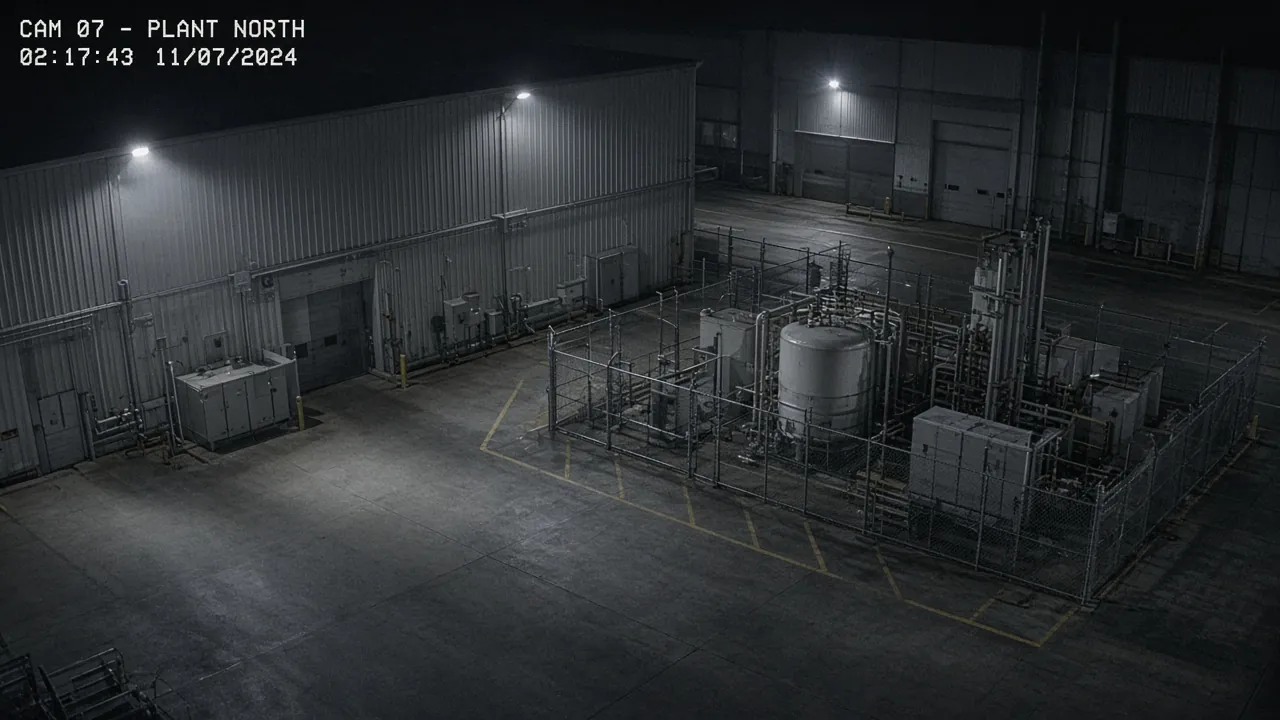 Industrial security camera monitoring CCTV view of a manufacturing facility at night for remote video monitoring and live security camera monitoring