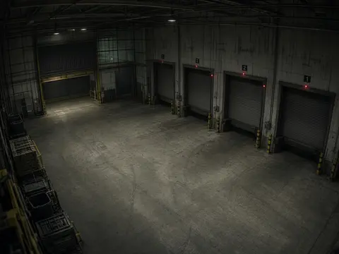 Industrial video monitoring view of an after-hours equipment yard for live security camera monitoring