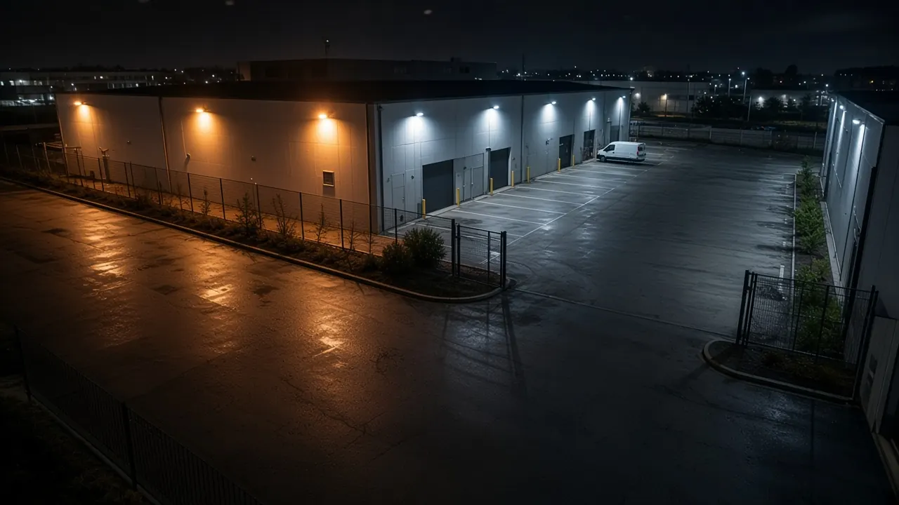 Live video monitoring CCTV view of a commercial property at night for remote security camera monitoring