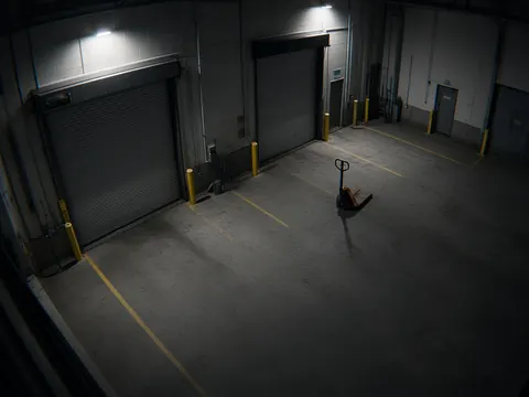 Remote security camera monitoring of a commercial warehouse loading dock at night for live video monitoring
