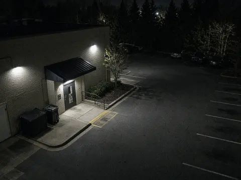 Professionally monitored security cameras view of an after-hours commercial property for live security camera monitoring