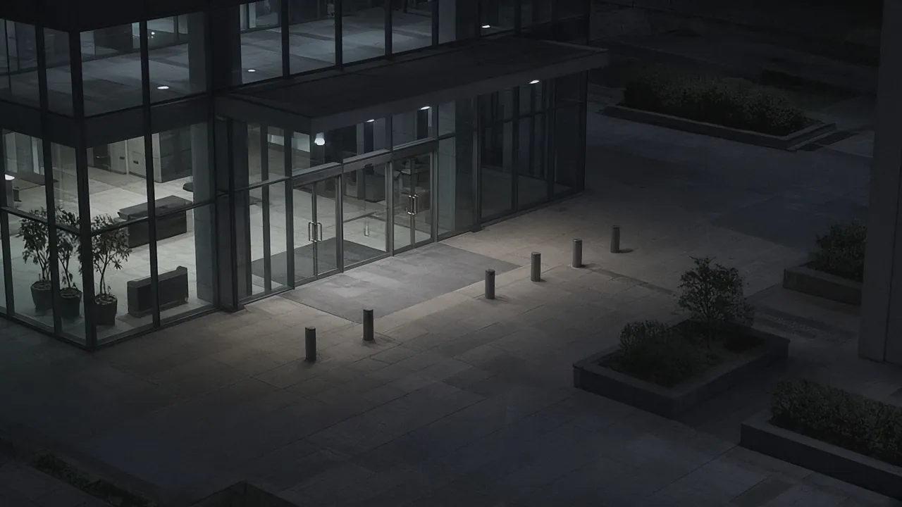 Office security camera monitoring CCTV view of a commercial office exterior at night for remote video monitoring and live security camera monitoring