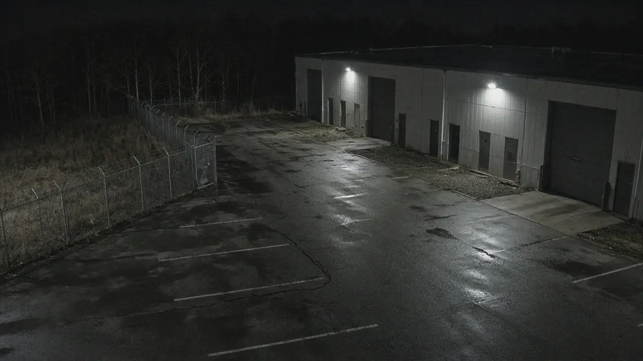 Proactive video monitoring CCTV view of a commercial property at night for live video monitoring