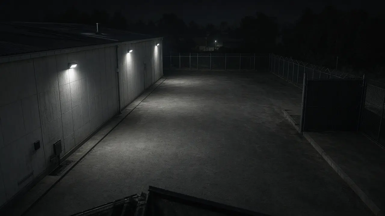 Remote security camera monitoring CCTV view of a commercial property at night for live video monitoring