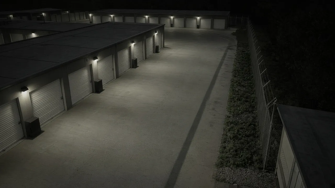 Storage facility security monitoring CCTV view of unit rows after hours for remote video monitoring and live security camera monitoring