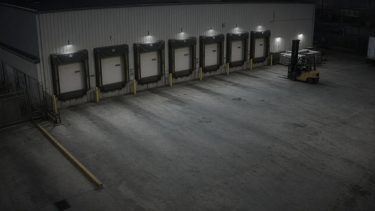 Warehouse security camera monitoring CCTV view of a loading dock at night for remote video monitoring and live security camera monitoring